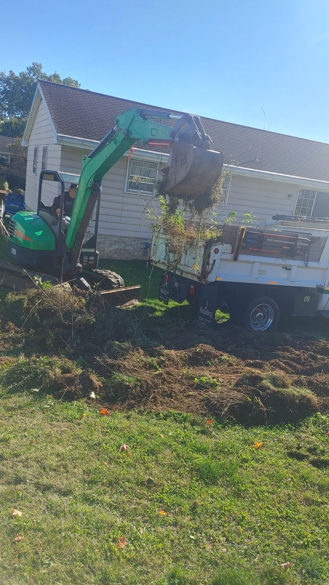 Excavator loading cleared brush and stumps into a dump truck