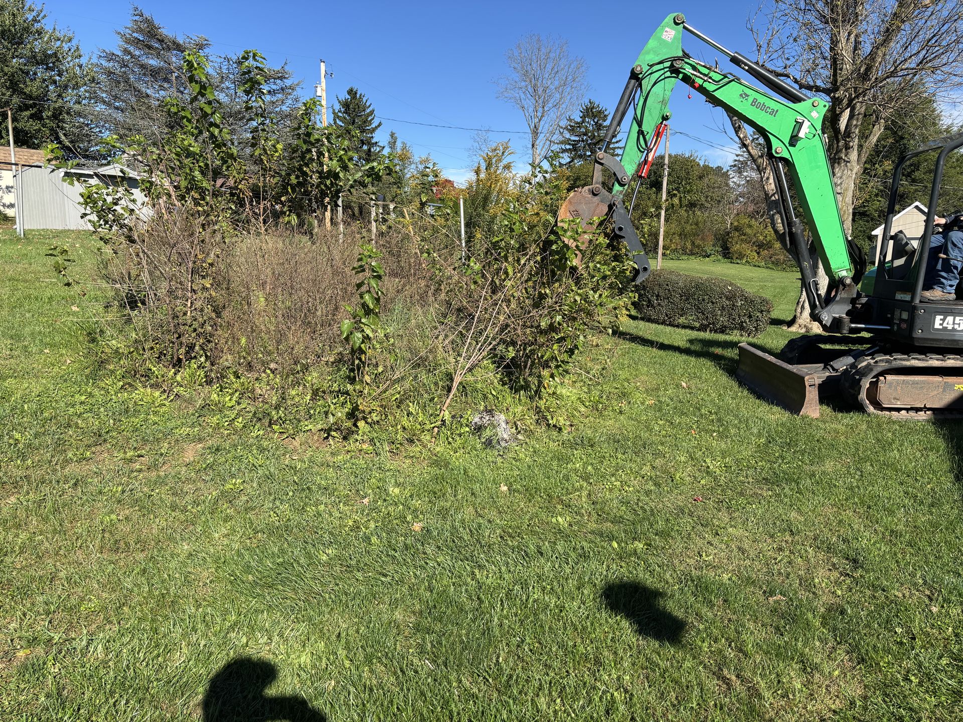 Mini excavator clearing overgrown brush in a backyard near Mount Joy, PA
